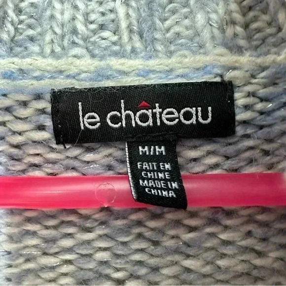 Le  Chateau Cowl Neck Cable Knit Sweater White/Blue/Grey Size Medium - Picture 8 of 16